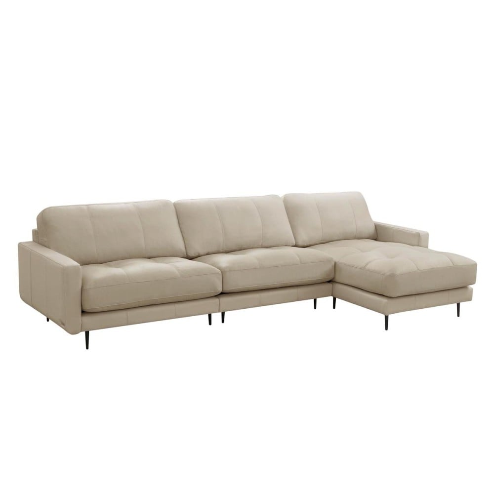Sofá com Chaise Romulo 3 Módulos Couro Natural Almofadas Soltas Estrutura Madeira de Lei Eucalipto Pés em Aço Design Artesanal