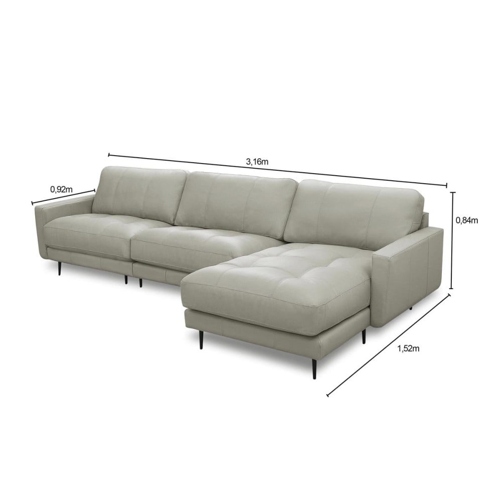 Sofá com Chaise Romulo 3 Módulos Couro Natural Almofadas Soltas Estrutura Madeira de Lei Eucalipto Pés em Aço Design Artesanal