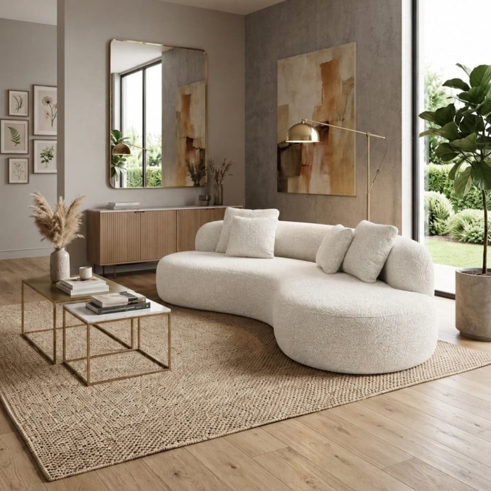 Sofá Curvo com Chaise Seixo Almofadas Decorativas Estrutura Madeira Eucalipto Reflorestada