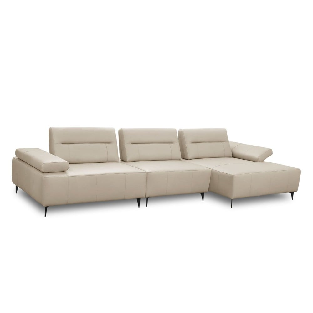 Sofá com Chaise Zaidon Couro Natural Braço Reclinável Encosto Ajustável Estrutura Madeira de Lei Eucalipto Pés em Aço