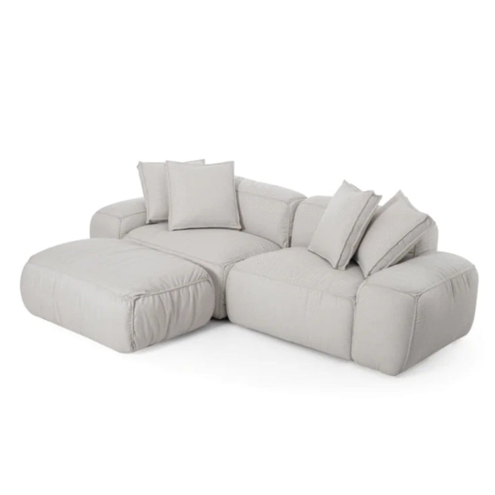 Sofá com Puff Daryon Estofado Design Bipartido com Almofadas Decorativas Estrutura Madeira Eucalipto Reflorestada