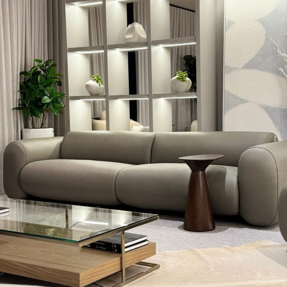 Sofá Ondine 2 Módulos em Couro Legítimo com Design Orgânico e Costuras Decorativas