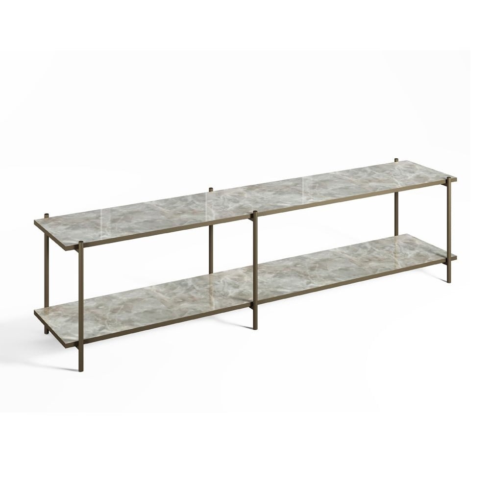 Sofá Table Hillay com 2 Tampos Retangulares em Vidro Marmorizado e Estrutura em Aço Carbono com Pintura Epóxi