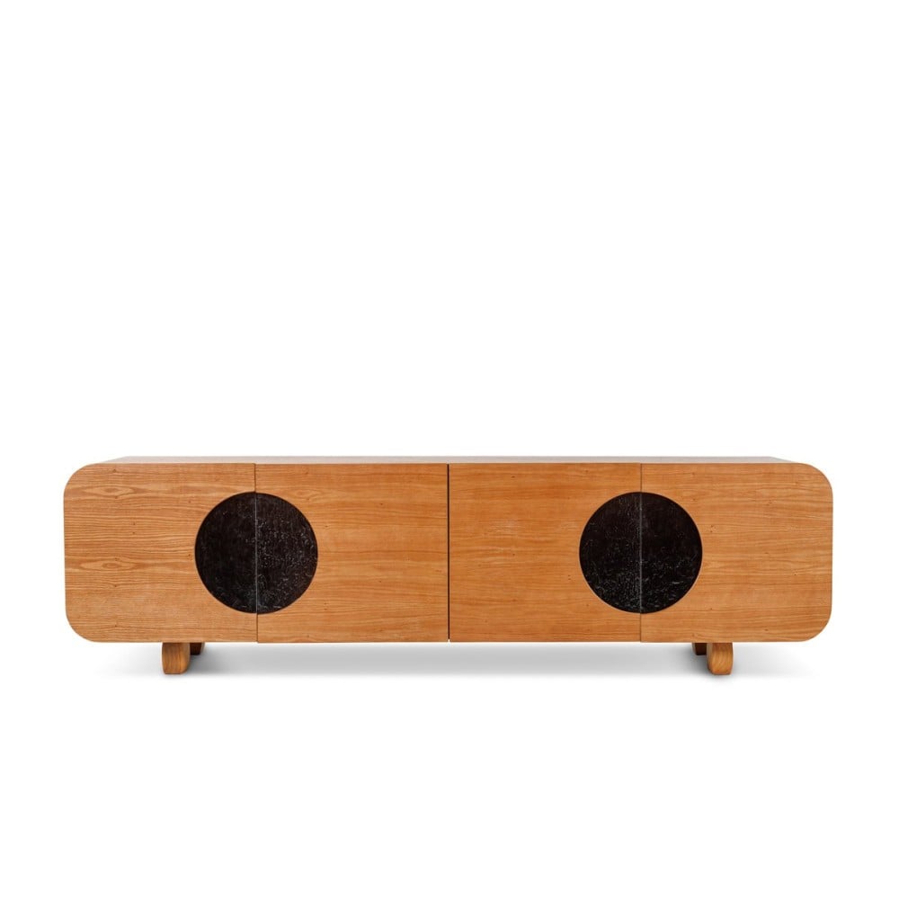 Sofá Table Sublime com Portas Detalhe Vidro Fusing Estrutura Lâmina de Madeira Pés Madeira Maciça Tauari