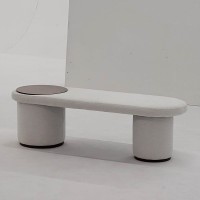 Banco Fayna Oval Assento Estofado com Tampo Redondo Madeira Estrutura Revestida Base com Detalhe Madeira