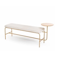 Banco com Mesa Lateral Verone Assento Estofado Tampo Lâmina Natural de Madeira Estrutura Aço Carbono Design Lucas Pasterchak