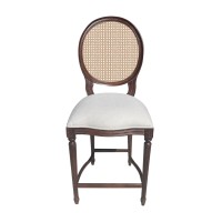 Banqueta Medalhão Provençal Encosto Palha Assento Estofado Madeira Maciça Torneada Design de Luxo Artesanal