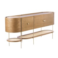 Buffet Melka 2 Portas 2 Gavetas Tampo com Bandeja Acabamento Lâmina de Madeira Prateleira Rattan Pés em Metal Design by Fabiano Salbego