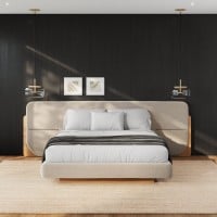 Cama Tessia Estofada Detalhe com Bolsos Laterais Design Flutuante Base Bipartida