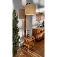 Luminária com Mesa Auxiliar Meron Detalhe em Aço Carbono Preto Estrutura Madeira Eucalipto