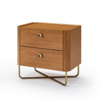 Mesa de Cabeceira Mirari com 2 Gavetas Estrutura Madeira Eucalipto e Lâmina Natural de Jequitibá Base Aço Carbono Dourado Design by Jhoel Silva