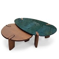 Mesa de Centro Noah Duo Pietre Redonda Tampo Madeira e Tampo Mármore Base Madeira Maciça Tauari Design by Studio 3 Design