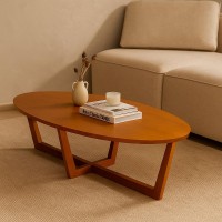 Mesa de Centro Helder Tampo Elíptico em Lâmina Natural de Madeira Base Madeira