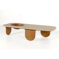 Mesa de Centro Nizhara II Tampo Retangular em Pedra Natural com Gamela Embutida em Madeira Tauari Design by M7 Estúdio