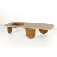 Mesa de Centro Nizhara II Tampo Retangular em Pedra Natural com Gamela Embutida em Madeira Tauari Design by M7 Estúdio