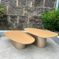 Mesa de Centro Stark Tampo Orgânico em Madeira Marmorizada Base Oblonga em Aço Carbono com Pintura Epóxi