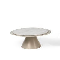 Mesa de Centro Surya Design Orgânico Tampo com Pedra Natural Base Cônica em Lâmina de Madeira Detalhe em Metal