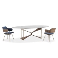 Mesa de Jantar Heivin Oval Tampo com Vidro Pintado Base com Laminado Melamínico Detalhe em Aço Carbono