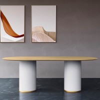 Mesa de Jantar Khonsu Tampo Oblongo Lâmina Cinamomo Bases Cilíndricas em Laca e Rodapé em Pintura Epóxi
