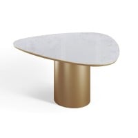 Mesa de Jantar Mila Tampo Orgânico em Vidro Marmorizado Base Cilíndrica em Aço Carbono com Pintura Epóxi