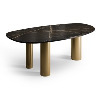 Mesa de Jantar Nyanza Design Orgânico Tampo Vidro Base Cilíndrica Metálica