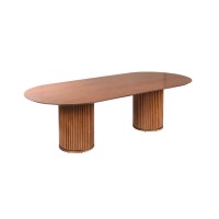 Mesa de Jantar Raiana Tampo Oblongo Laminado em Cinamomo Bases Cilíndricas Ripadas com Detalhe Circular