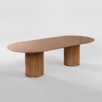 Mesa de Jantar Raiana Tampo Oblongo Laminado em Cinamomo Bases Cilíndricas Ripadas com Detalhe Circular