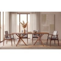 Mesa de Jantar Surya Tampo Retangular Barril Lâmina Cinamomo Base Madeira Maciça Tingida