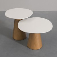 Mesa Lateral Adone Design Orgânico Tampo Pintura Laca Fosca Base Cônica Acabamento Lâmina Cinamomo