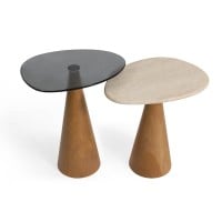 Mesa Lateral Demetry Duo Design Orgânico Tampo Pedra Natural e Vidro Base em Madeira Maciça