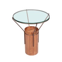 Mesa Lateral Lótus Tampo com Vidro Base Lâmina Natural de Madeira Hastes e Aro em Metal