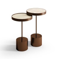 Mesa Lateral Lovenna Redonda Tampo Vidro Marmorizado com Aro Metálico Base Aço Carbono com Pintura Epóxi