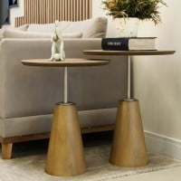 Mesa Lateral Maven Redonda Tampo e Base Lâmina Madeira Cinamomo Haste Aço Carbono Pintura Metalizada