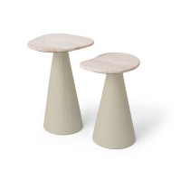 Mesa Lateral Montilo Design Orgânico Tampo em Pedra Natural Base Compensado Laminado Detalhe Metálico