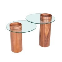 Mesa Lateral Pillar Tampo com Vidro Base Lâmina Natural de Madeira
