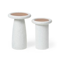 Mesa Lateral Tabylla Redonda Tampo Lâmina de Madeira Estrutura com Textura Granilite Design by Intervém
