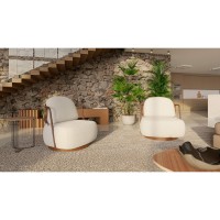 Poltrona Giratória Willis Detalhes Tiras em Recouro Braços em Metal Estrutura Madeira Eucalipto Reflorestada
