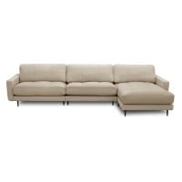 Sofá com Chaise Romulo 3 Módulos Couro Natural Almofadas Soltas Estrutura Madeira de Lei Eucalipto Pés em Aço Design Artesanal