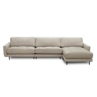 Sofá com Chaise Romulo 3 Módulos Couro Natural Almofadas Soltas Estrutura Madeira de Lei Eucalipto Pés em Aço Design Artesanal
