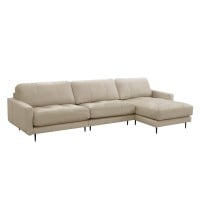 Sofá com Chaise Romulo 3 Módulos Couro Natural Almofadas Soltas Estrutura Madeira de Lei Eucalipto Pés em Aço Design Artesanal