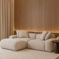 Sofá com Puff Daryon Estofado Design Bipartido com Almofadas Decorativas Estrutura Madeira Eucalipto Reflorestada