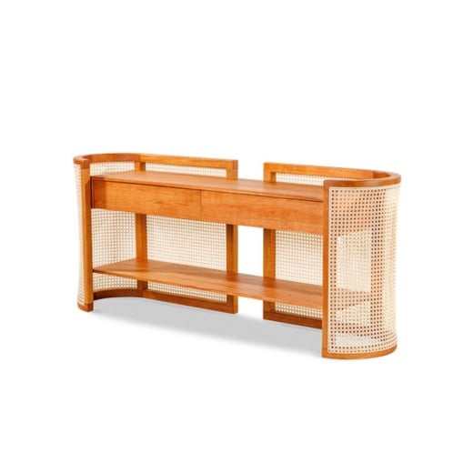 Aparador Petúnia com Gavetas e Prateleira Laminada Base Madeira Tauari Detalhe Rattan Sextavado