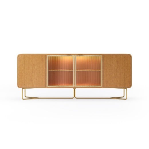 Buffet Miratus Portas em Vidro Canelado com Moldura Dourada Iluminação LED Base Metálica e Estrutura em Eucalipto Laminado