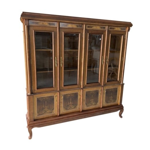 Estante Lucca 4 Portas com Vidro Madeira Maciça Marchetaria Design Clássico
