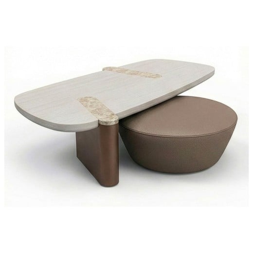 Mesa de Centro com Puff Unire Duo Estofado Tampo Orgânico em Lâmina de Carvalho Americano com Aplique em Pedra Natural Base em Laca