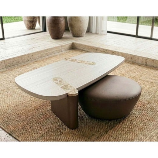 Mesa de Centro com Puff Unire Duo Estofado Tampo Orgânico em Lâmina de Carvalho Americano com Aplique em Pedra Natural Base em Laca