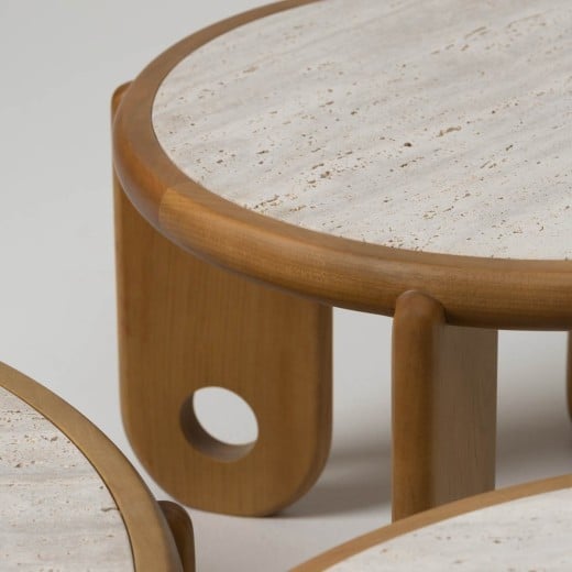 Mesa de Centro Individual Dalmay Design Redondo Moldura Madeira com Pedra Natural Estrutura Madeira Maciça