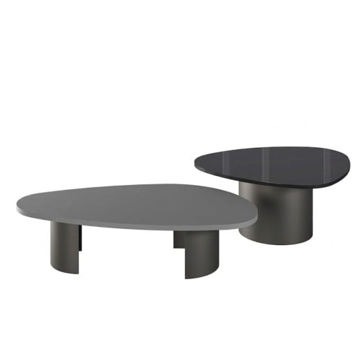 Mesa de Centro Eben Duo Tampos Orgânicos em Madeira e Vidro Pintado Base Aço Carbono com Pintura Epóxi