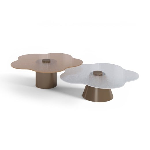 Mesa de Centro Lorys Duo Tampos Orgânicos em Vidro Texturizado Bases Cônica e Cilíndrica em Aço Carbono com Pintura Epóxi