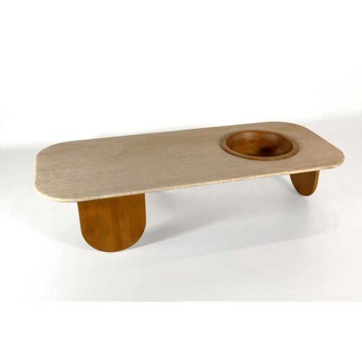 Mesa de Centro Nizhara II Tampo Retangular em Pedra Natural com Gamela Embutida em Madeira Tauari Design by M7 Estúdio